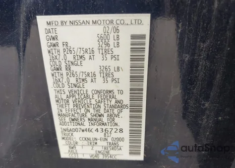 2006 Nissan Frontier Nismo Off Road из США, поврежденный, VIN 1N6AD07W46C436728